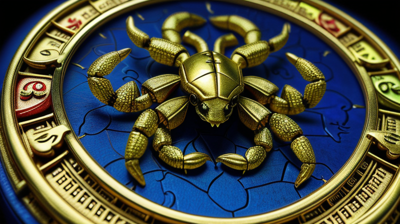 Detailed close-up of scales and scorpion symbols intertwined