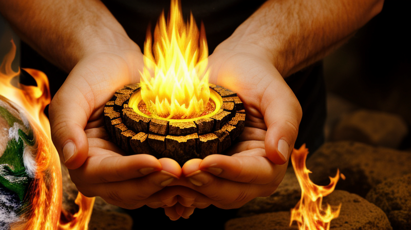 detailed close-up photo of two hands holding different elements fire and earth